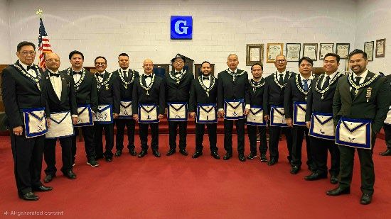 A row of lodge members in dark suits and aprons poses for a group photo in a hall with flags and a lettered G sign on the wall.